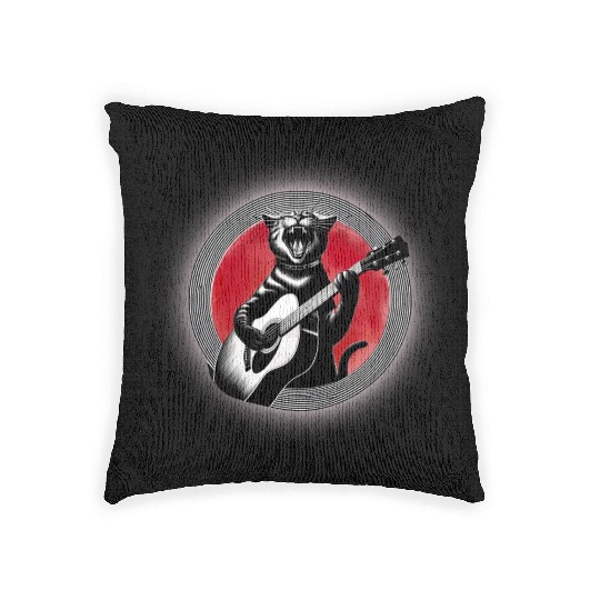 Rock Cat Playing Guitar Woven Pillows under the red moon