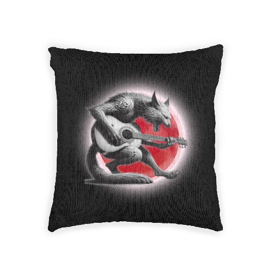 Rock Cat Playing Guitar Woven Pillows under the red moon