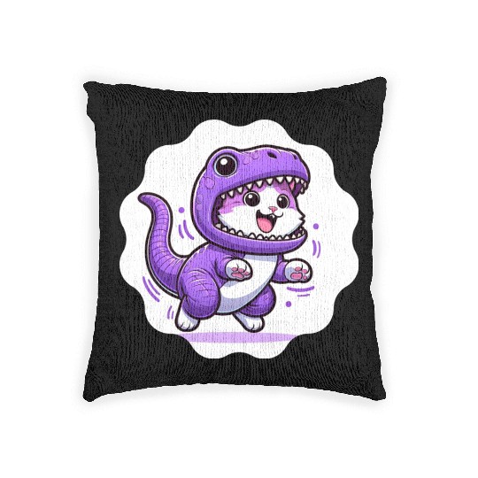 Energetic Cat in Velociraptor Costume - Playful Fe Woven Pillows