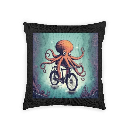 A weird octopus riding a bicycle Woven Pillows