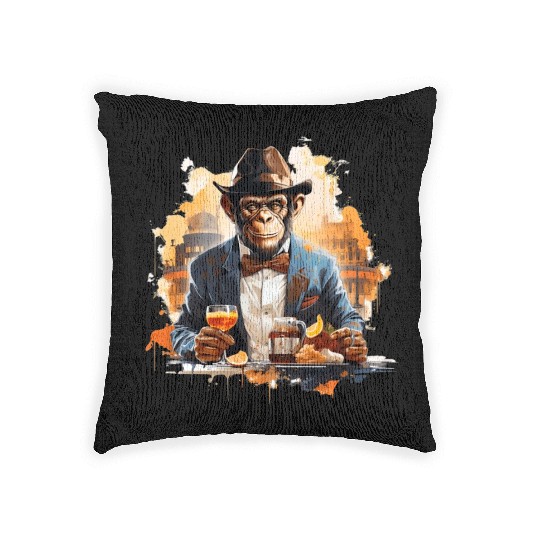 Cool Business Monkey with Drink Chimpanzee Woven Pillows