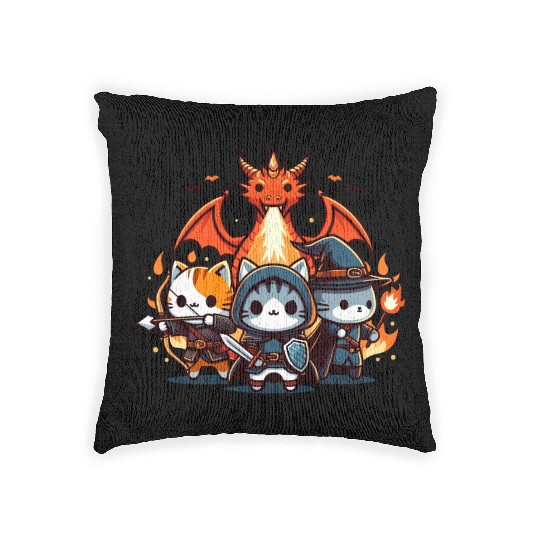 Cute Kawaii Cat RPG Fantasy Board Game Dragon Woven Pillows