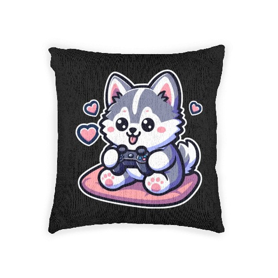 Cute Husky Dog Sitting and Enjoy Play ConsoleGame Woven Pillows