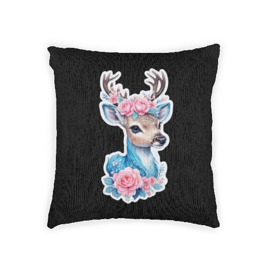 cute deer blue blossom pink rose Woven Pillows