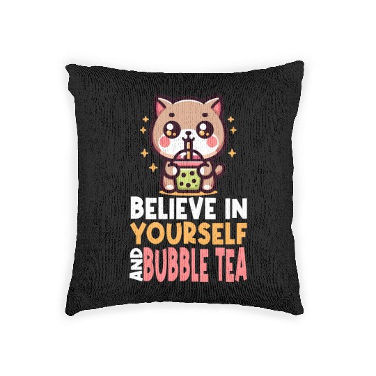 Kawaii Cat Bubble Tea Boba Drink Korean Asian Woven Pillows