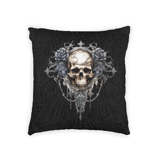 Gothic Art Print with Skull and Roses Woven Pillows