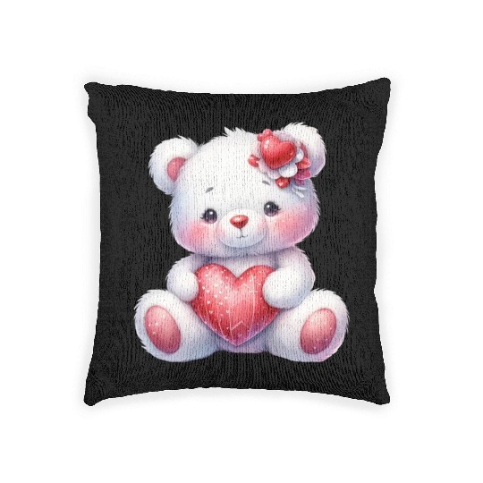 White Teddy Bear Love Valentine's Day Red Heart Woven Pillows