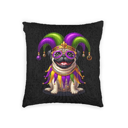 Mardi Gras Pug with Jester Hat Woven Pillows