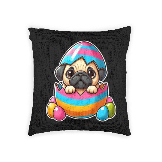 Easter pug hatches from colorful Easter eggs Woven Pillows