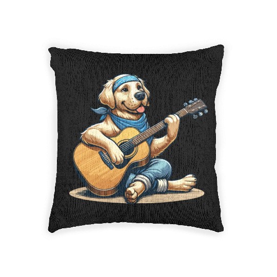 Golden Retriever playing Guitar Woven Pillows