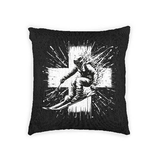 Skiing Switzerland - Swiss Skier in the Alps Woven Pillows