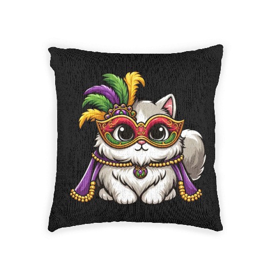 Mardi Gras Persian Cat, Masked Cat Costume Woven Pillows