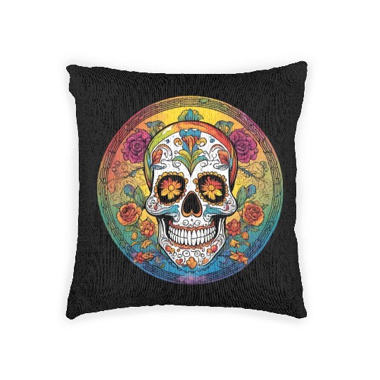 Sugar skull rainbow Woven Pillows