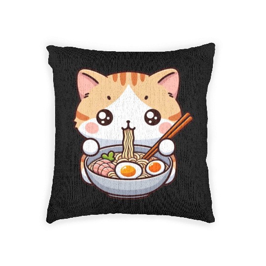Cute Cat Eating Ramen Woven Pillows