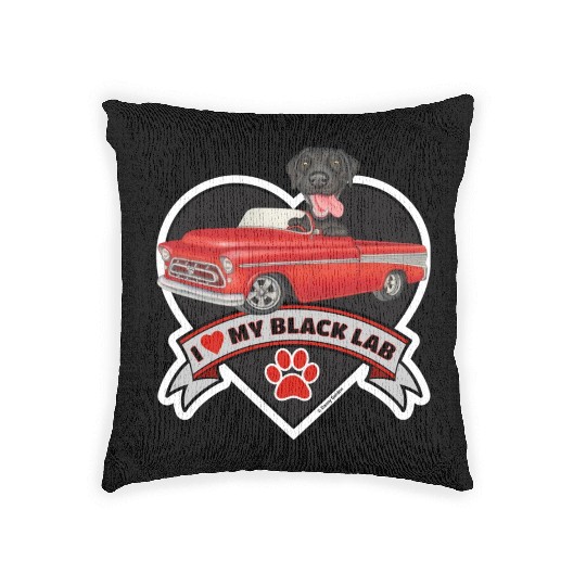 Cute black lab in classic truck inside a heart Woven Pillows