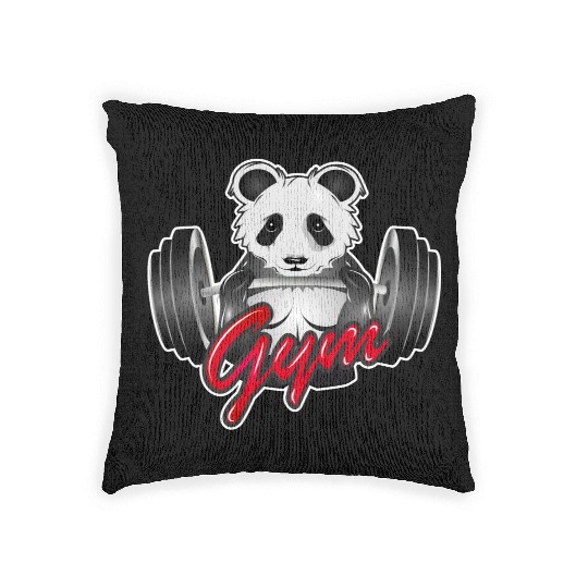 Bodybuilder panda bear with barbell in the gym Woven Pillows