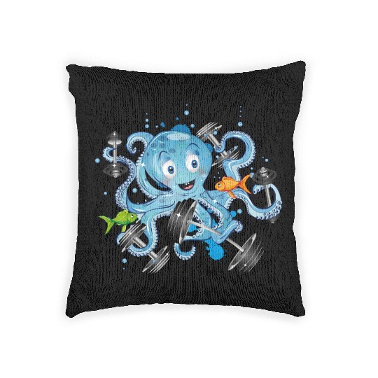 Bodybuilder octopus with dumbbells training Woven Pillows