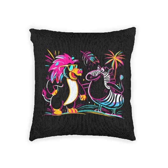 Tropical Neon Beats: Lion & Zebra's Beach Party Woven Pillows
