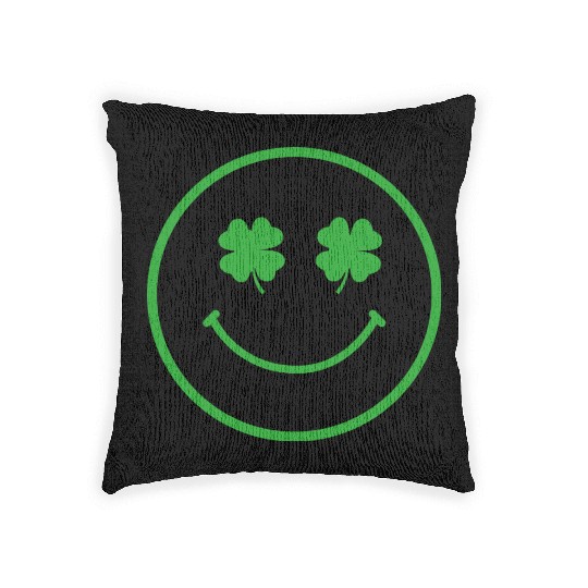 Green shamrock happy face Woven Pillows