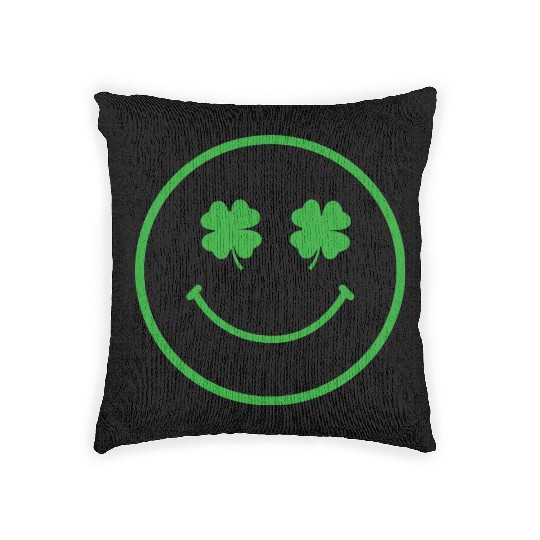 Green shamrock happy face Woven Pillows