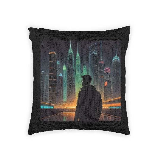 Neon Horizon: A Futuristic Cityscape Woven Pillows