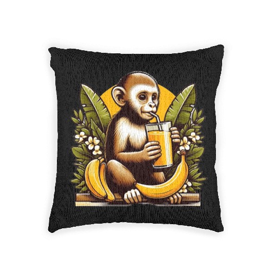 Monkey Sipping Banana Juice Woven Pillows