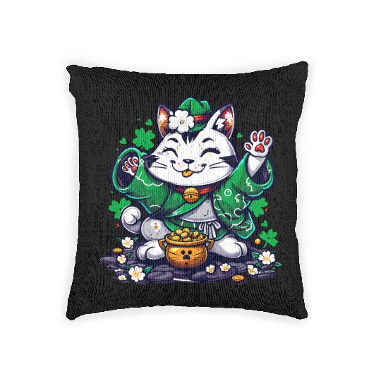 Kawaii St Patricks Day Cat With a Pot Of Gold Woven Pillows