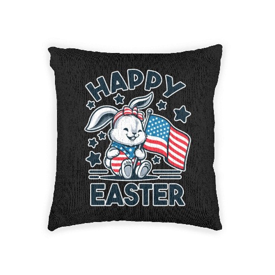 Easter Bunny with American Flag - Happy Easter Woven Pillows
