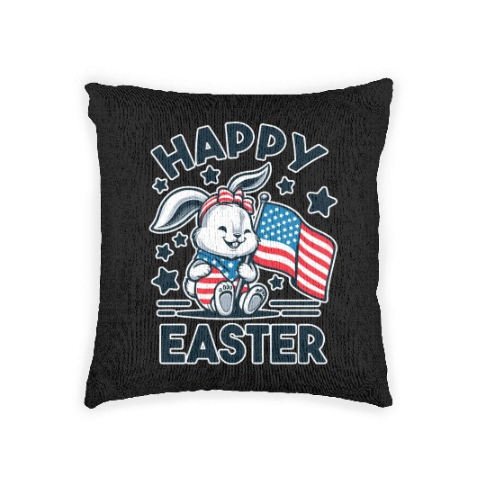 Easter Bunny with American Flag - Happy Easter Woven Pillows