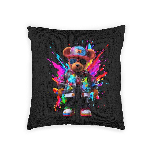 Watercolor Hip Hop Teddy Bear Colorful Splash Art Woven Pillows