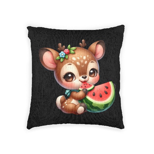 Deer Eating Watermelon Woven Pillows