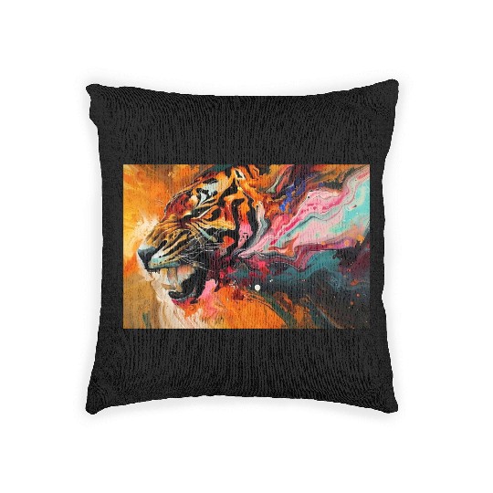 Tiger On Abstract Colorful Background Wall Art Woven Pillows