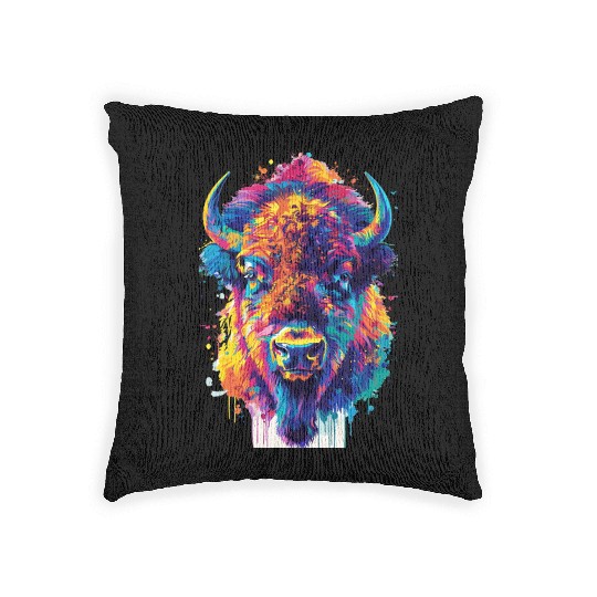 Colorful Bison Abstract Animal Art Wildlife Woven Pillows