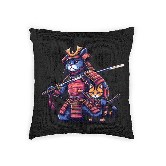 Light Samurai Cat Woven Pillows
