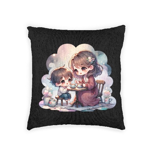 Mother and Son Enjoying a Cozy Tea Party Woven Pillows
