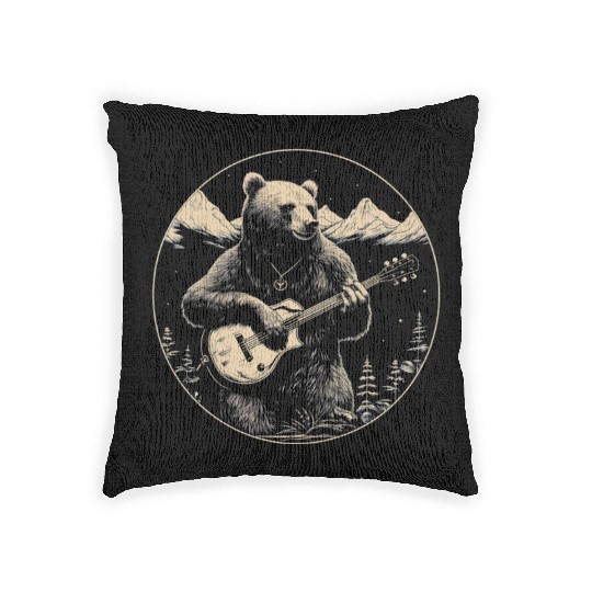 Grizzly Bear Playing Guitar Woven Pillows