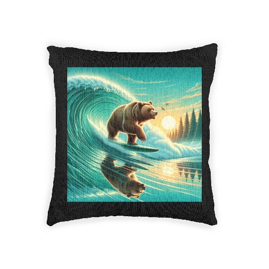 Grizzly bear windsurfing Woven Pillows