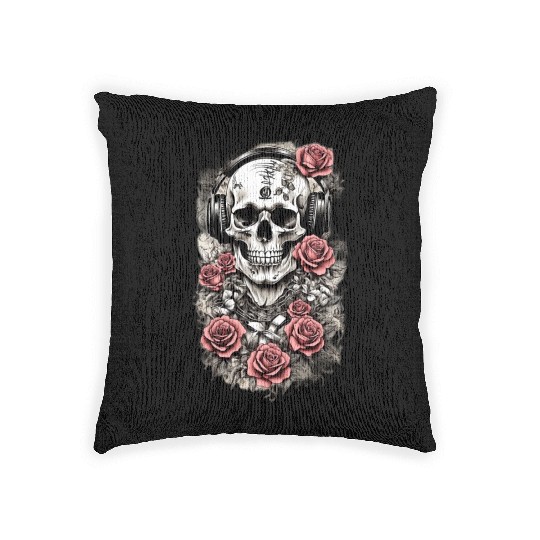 Rock & Roses Woven Pillows: Skull, Roses & music nout