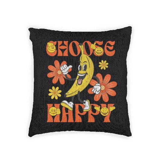 Choose Happy Retro Banana Mascot Woven Pillows