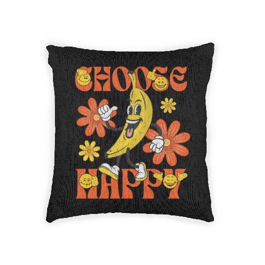 Choose Happy Retro Banana Mascot Woven Pillows