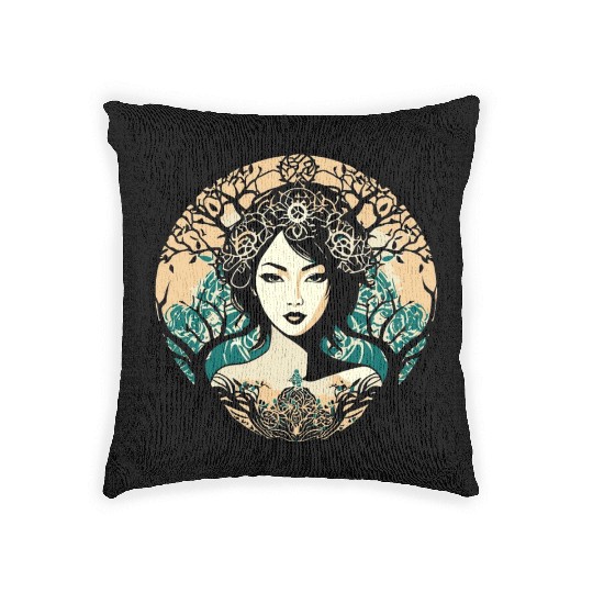 Woman And Nature - Graphic Portrait Woven Pillows