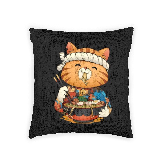 Cute anime cat eating ramen noodles Woven Pillows