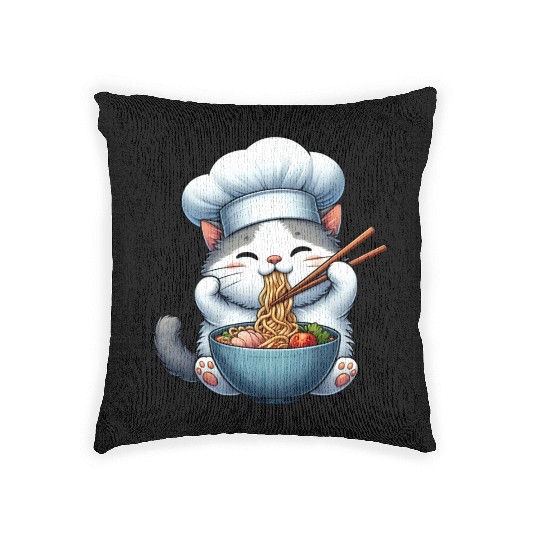 Kawaii Anime Whimsical Cat Japanese Ramen Noodles Woven Pillows