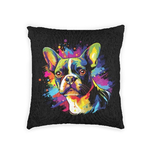 Watercolor Colorful Boston Terrier Woven Pillows