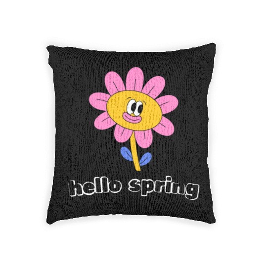 Funny retro hello spring day groovy flowers cute Woven Pillows