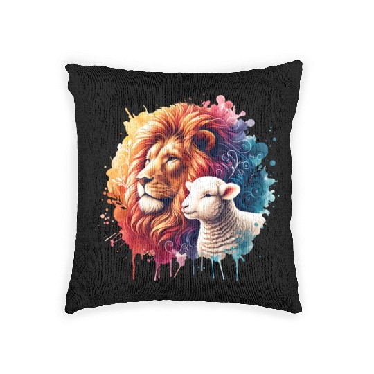 Lion and Lamb Christian Watercolor Design Woven Pillows