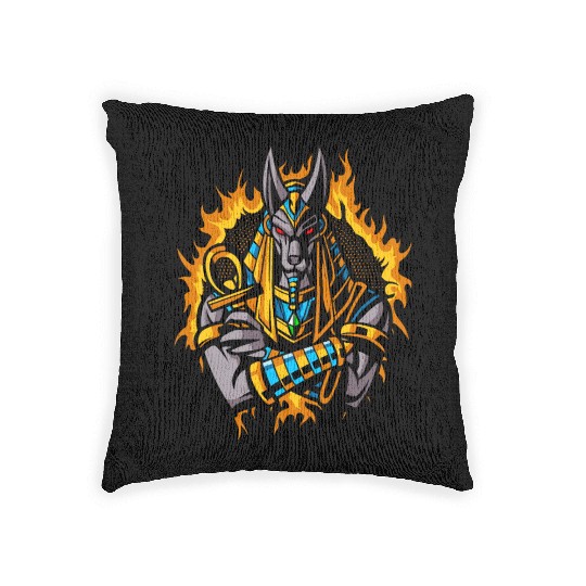 Anubis God With Halftone Gold Fire Woven Pillows