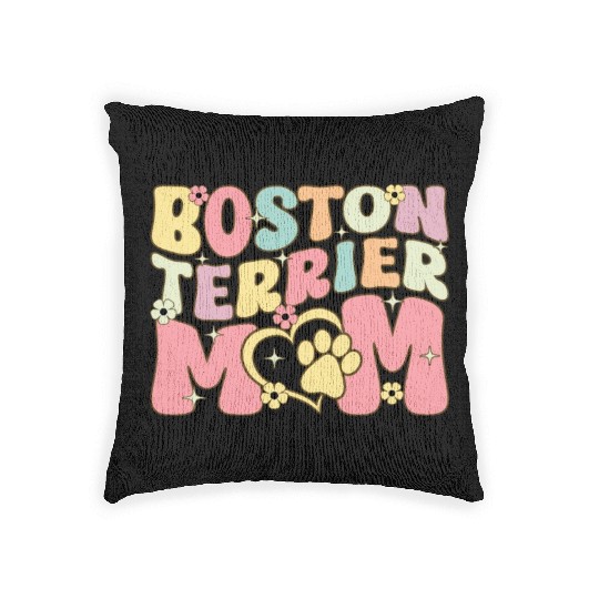 Boston Terrier Mom Groovy Female Dog Lover Woven Pillows