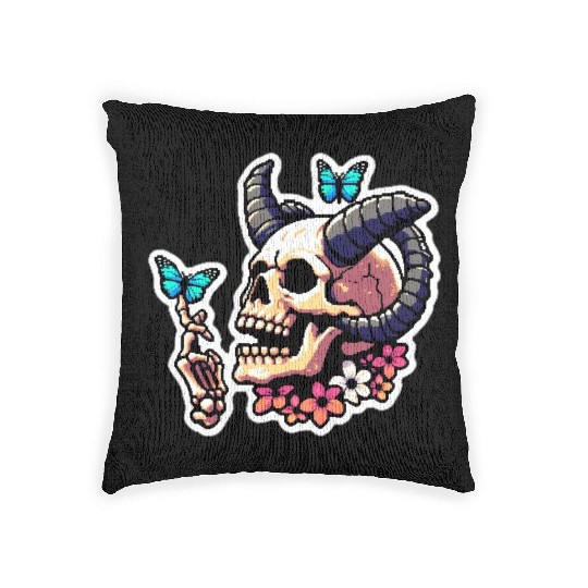 Pixel Art Horned Skull enjoy the butterflies Woven Pillows