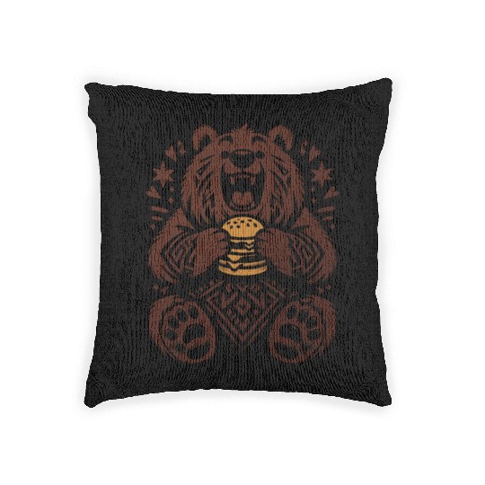 Cute Grizzly with Hamburger, Brown Woven Pillows